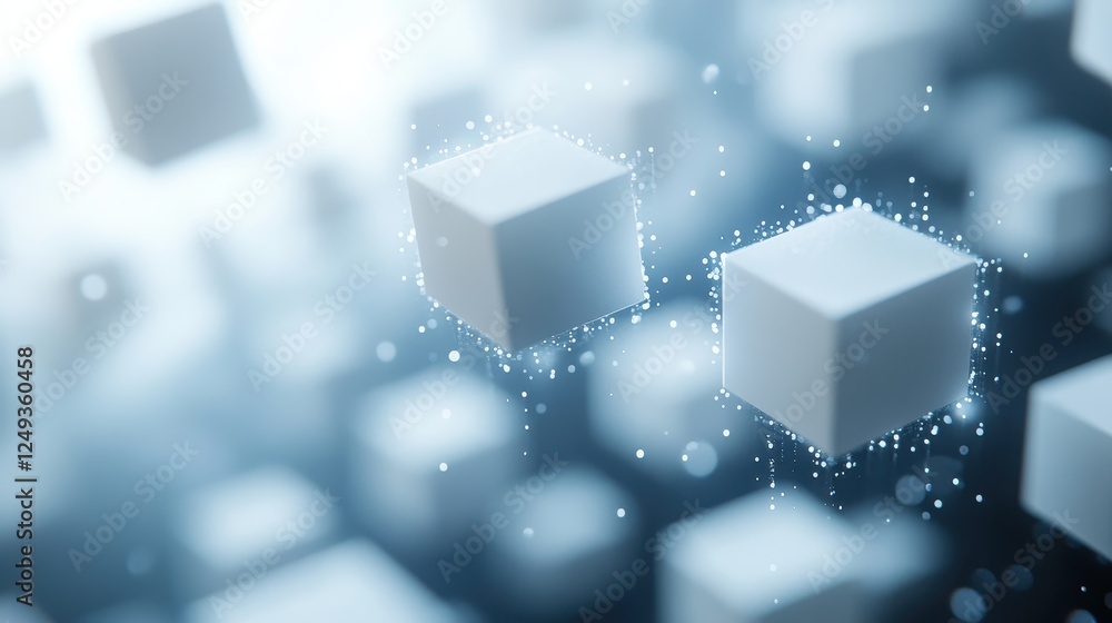 Poster floating cubes, digital space, glowing particles, abstract background, tech concept