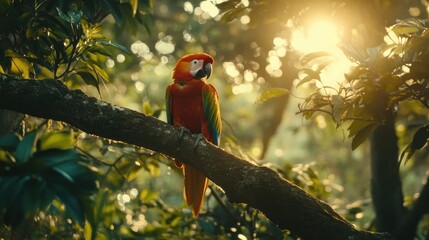 Vibrant macaw perched on a tree branch in a lush forest during golden hour, sunlight filtering through