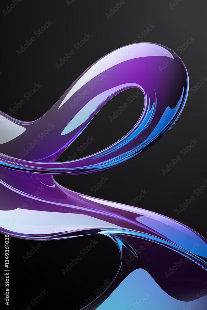 Poster An abstract illustration featuring smooth flowing curves of purple and blue against a dark background, symbolizing fluidity and modern design with dynamic color transitions. Digital 3D fluid shape