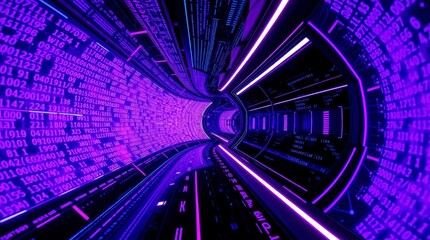 Futuristic Data Tunnel with Streaming Digital Codes and AI-Driven Information Flow