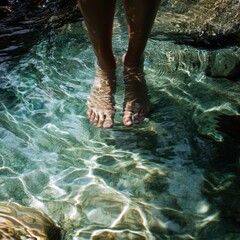 Bare feet in shallow, clear spring water, rocks in background