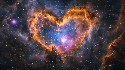 A majestic heart shape emerges from swirling galactic dust and luminous stars, displaying a mesmerizing mix of cosmic colors like pink, gold, and sapphire blue. The surrounding space is filled  © Supachok