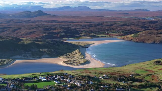 Sandy beach at the mouth of the River Naver near Bettyhill and Invernaver, Torrisdale bay, Sutherland, Scottish Highlands, Scotland, UK