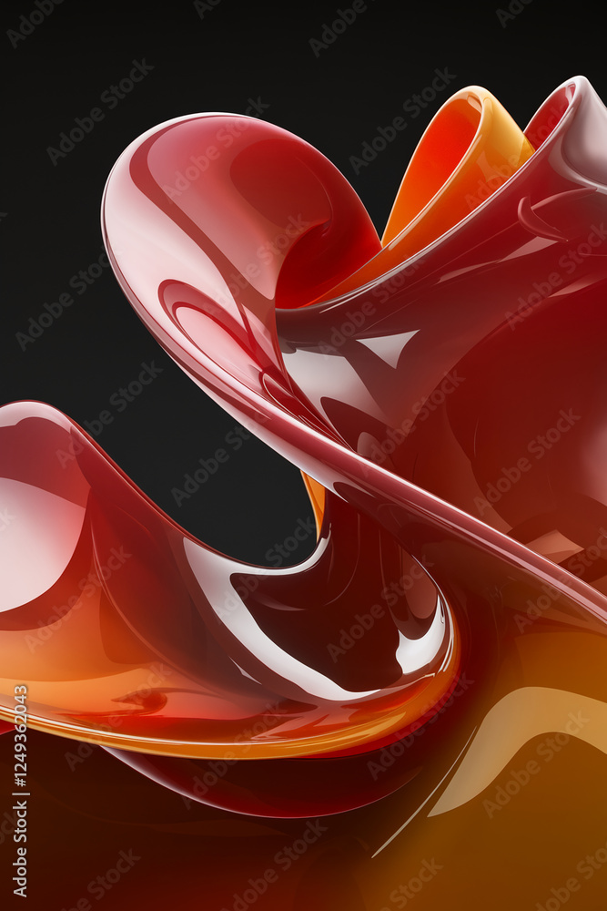 Poster Abstract sculpture with smooth flowing red and orange glass-like curves, symbolizing dynamic motion and modern design. Digital 3D fluid shape