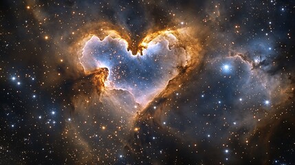 A majestic heart shape emerges from swirling galactic dust and luminous stars, displaying a mesmerizing mix of cosmic colors like pink, gold, and sapphire blue. The surrounding space is filled  © Supachok