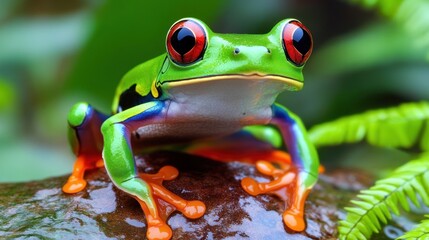 Fototapeta premium Vibrant green tree frog perched on a mossy branch amidst lush tropical foliage, showcasing nature's beauty