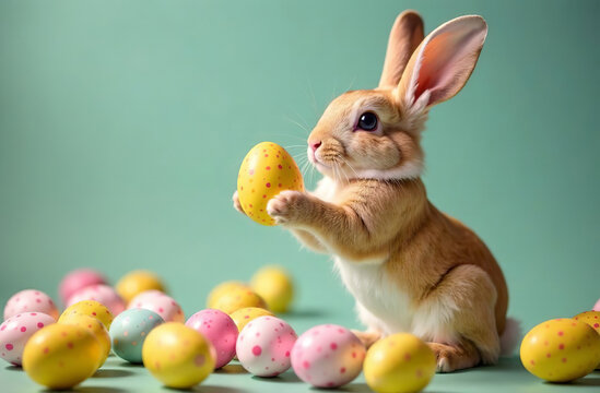 Easter bunny and colorful decorated eggs on blue background. AI Generative