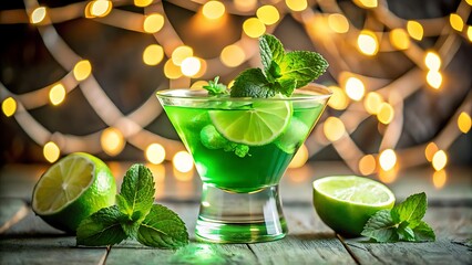 Vibrant St. Patrick’s Day Green Cocktail with Lime and Mint, Set Against Soft Fairy Lights