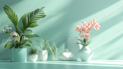 Pastel vases with tropical plants and pink blossoms