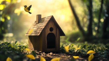 Naklejka premium Rustic birdhouse surrounded by greenery and sunlight