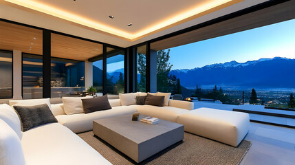 Fototapeta premium Modern living room with panoramic mountain view, creating a serene and stylish atmosphere for relaxation.