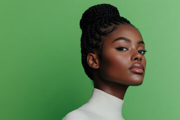 Fototapeta premium Young black woman posing with braided hair and white turtleneck on green background