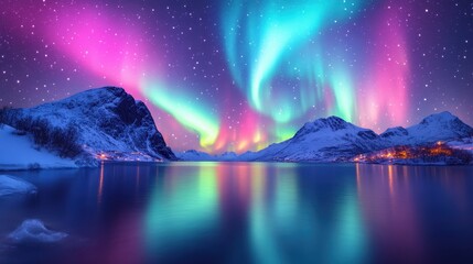 Naklejka premium Aurora borealis over snowy mountains, reflecting in calm water, village lights