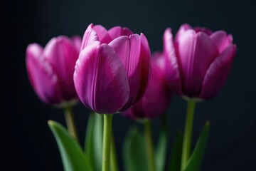 Fototapeta premium Delicate petals of purple tulips unfold against a dark, glossy background, spring blooms, sophistication, purple tulips