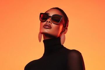 Fashion model posing with sunglasses and earrings on orange background