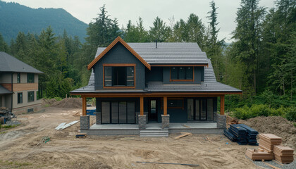 Residential roofing in progress, featuring a worker installing shingles while colleagues handle materials on the unfinished house