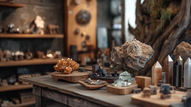 Geology museum display with stones and minerals