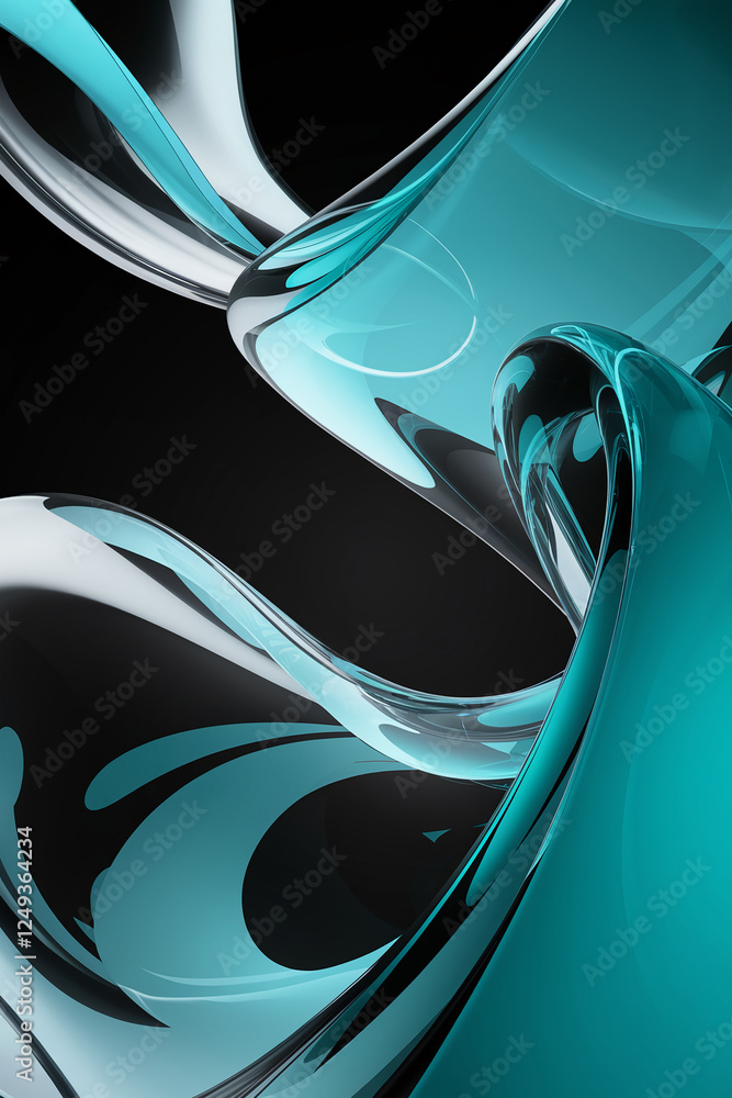 Aufkleber Abstract design featuring flowing curves in teal and clear glass, creating a sense of motion and fluidity, symbolizing modern aesthetics and dynamic energy. Digital 3D fluid shape