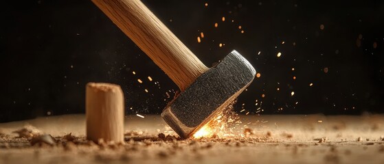 Hammer striking nail with sparks flying in workshop setting