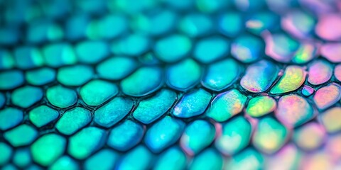 Green iridescent scale pattern with metallic turquoise reflections. Dragon and reptile concept. Abstract background for fantasy projects, fashion prints and mobile wallpaper. Banner with copy space