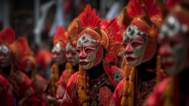 Cap Go Meh Festival (Tatung Parade) in Singkawang, Indonesia on February 12, 2025, colorful Tatung performers adorned with elaborate traditional costumes and intricate face paint