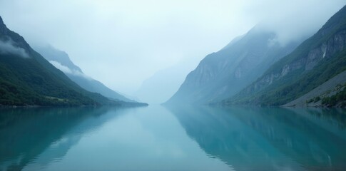 Glacial lake with surrounding mountains and a misty atmosphere, glacial, atmospheric, misty