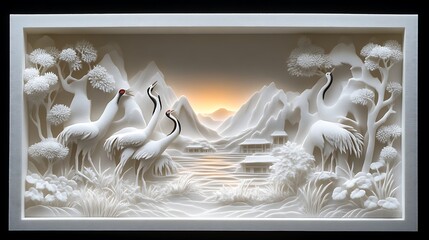 White Cranes in a Serene Mountain Landscape Scene