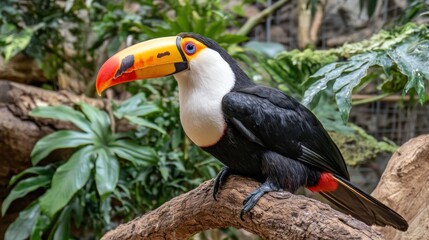 Obraz premium Vibrant toucan perched on a branch amidst lush greenery in a tropical environment
