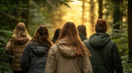 Fototapeta premium A group of friends wearing jackets walking through a forest trail at sunrise, with golden light illuminating the path and trees