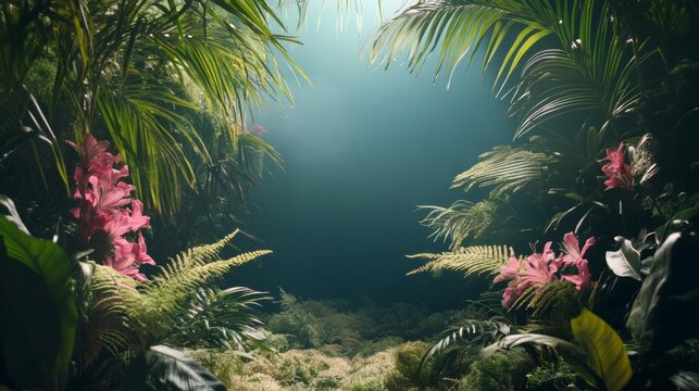 Underwater scene with vibrant plants and sunlight