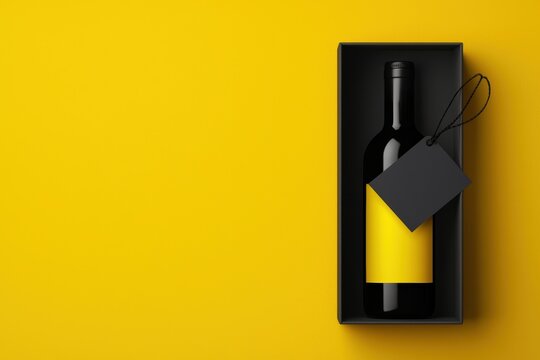 Sophisticated wine box mockup with a black sale tag elegantly attached to the neck, featuring minimalist gold accents on the label