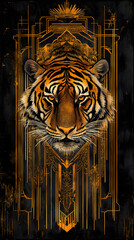 A striking tiger portrait with art deco elements, exuding strength and sophistication in a bold, stylized composition.