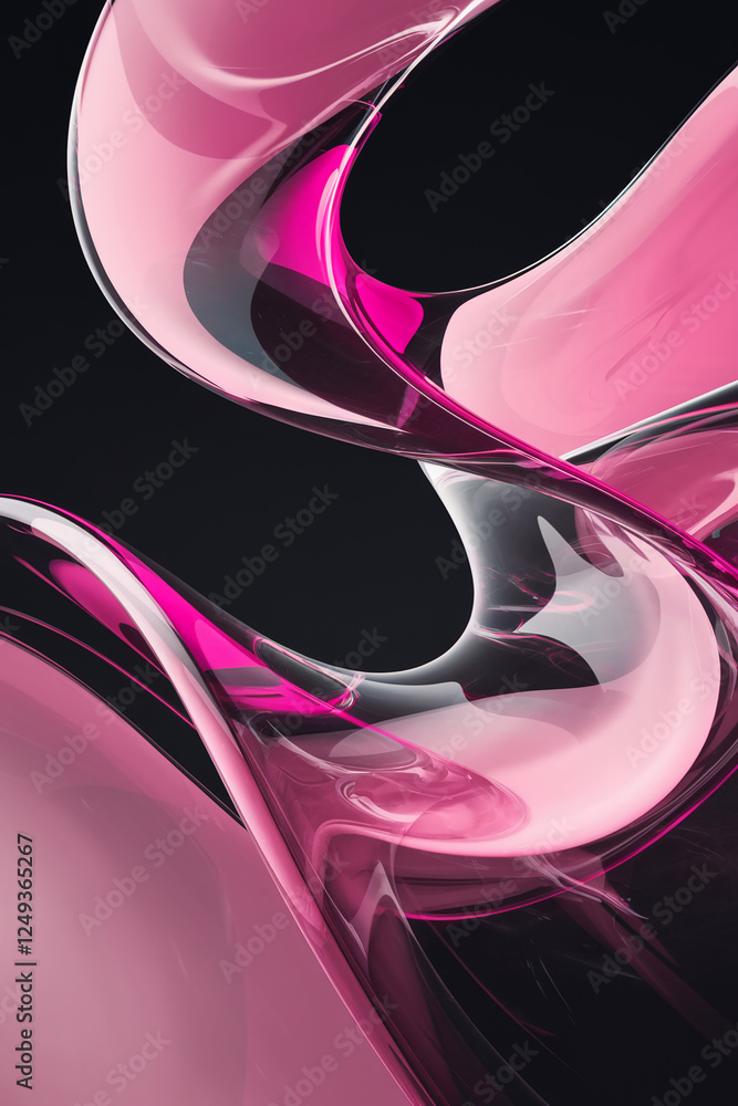 Poster abstract design featuring flowing pink and clear glass curves, symbolizing dynamic motion and fluidi