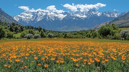 Fototapeta premium Mountain meadow bursts with wildflowers under a clear sky