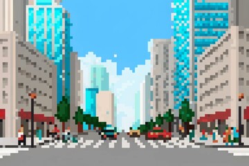 Fototapeta premium Pixel art cityscape with skyscrapers and blue sky.