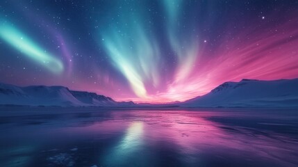 Majestic northern lights over an Arctic landscape, colorful lights in the night sky, reflection in icy waters, winter scenery, natural phenomenon, starry sky, polar night.