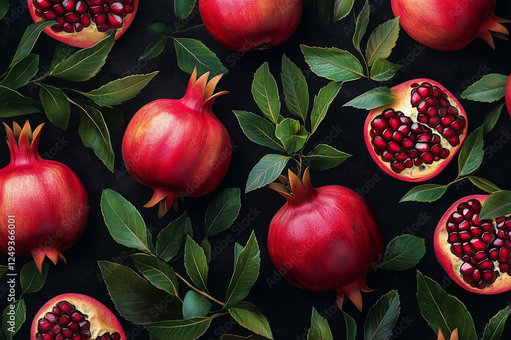 Poster pomegranate fruits with vibrant leaves on a dark background create a stunning visual display