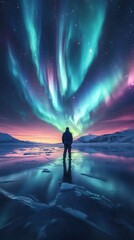 A person on a frozen lake under the northern lights, reflection in icy waters, Arctic landscape, starry sky, polar night, natural phenomenon, solitude, journey through the cold.