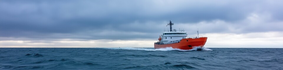 Naklejka premium A large orange boat is sailing in the ocean. The sky is cloudy and the water is choppy