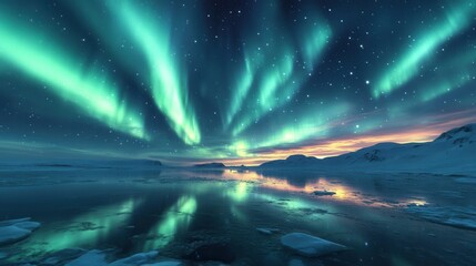 Majestic northern lights over an Arctic landscape, colorful lights in the night sky, reflection in icy waters, winter scenery, natural phenomenon, starry sky, polar night.