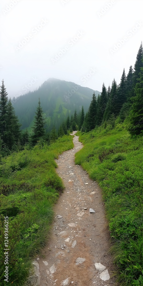 Poster a path winds through a forest with a mountain in the background. the path is rocky and the trees are