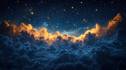 Fototapeta premium Stunning celestial view of clouds illuminated by golden sunset amidst stars