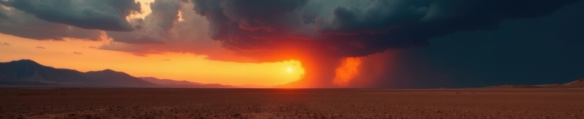 Fototapeta premium Orange glow on the horizon as a storm approaches a barren wasteland, barren lands, desolate landscapes, atmospheric effects