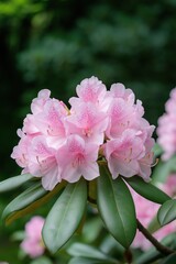 A pink flower with white spots is in full bloom. The flower is surrounded by green leaves, and the entire scene is bathed in sunlight. Concept of beauty and tranquility