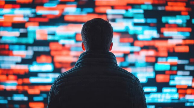 Person Standing in Front of Overwhelming Holographic Newsfeeds Representing Cognitive Overload and Information Overwhelm in Modern Society
