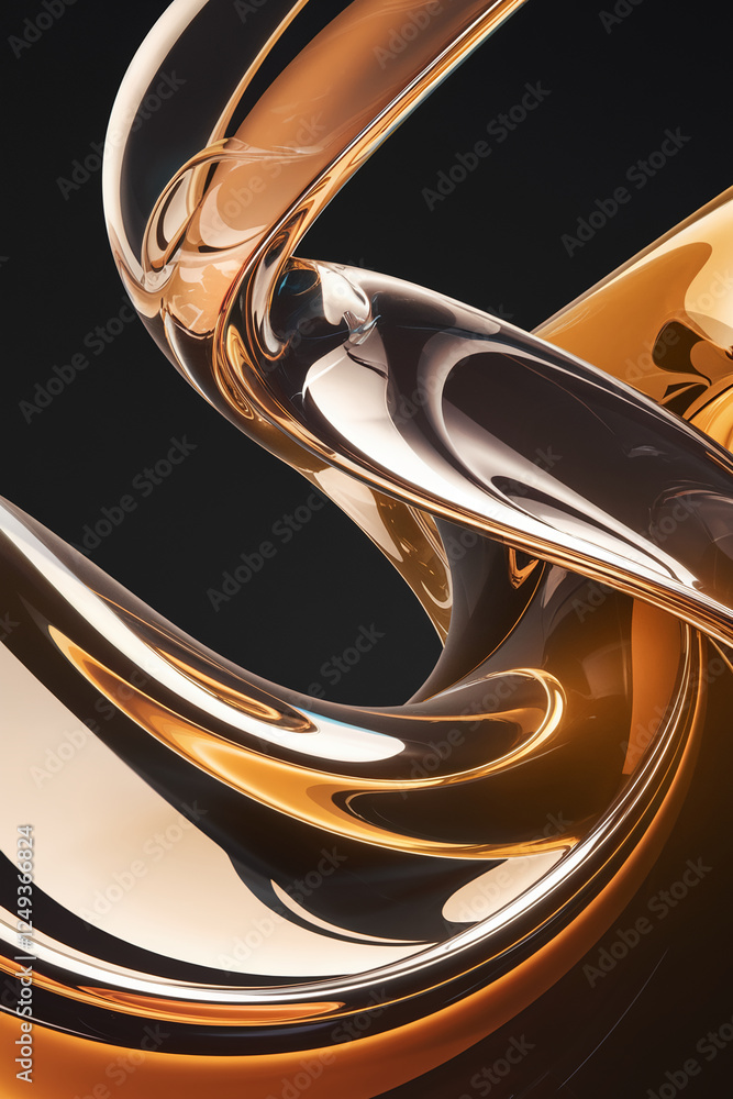 Poster abstract design of flowing golden and clear glass curves with black background, symbolizing elegance