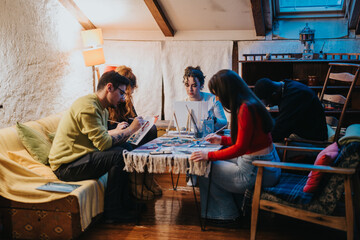 A group of friends sitting together, engaging in artistic activities in a cozy loft. The warm home setting, collaboration, and creativity foster a supportive and inspiring atmosphere.