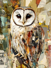 Abstract portrait of a barn owl with expressive eyes, blending artistic elements for a unique wildlife depiction in mixed media style.