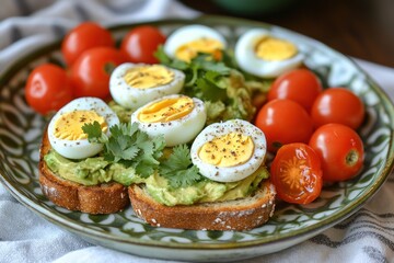 Delicious avocado toast topped with boiled eggs and cherry tomatoes on a plate