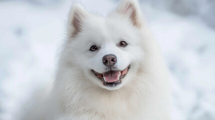 Naklejka premium Fluffy Samoyed dog with a bright white coat and a friendly smile on a white background